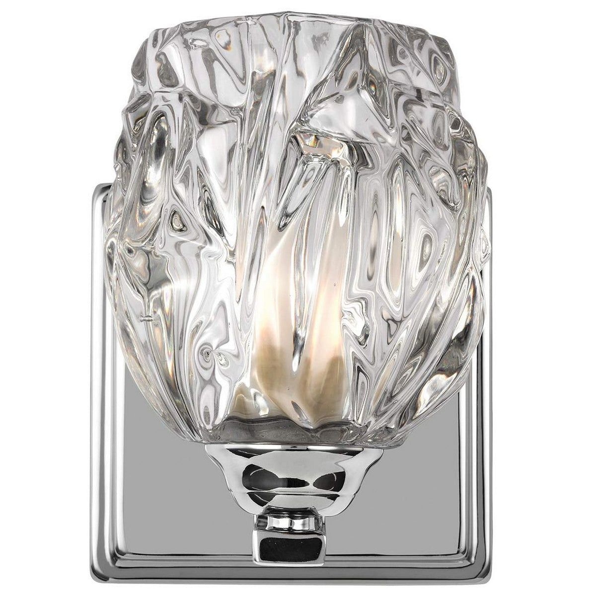 The Kalli 1 Light Wall Light - Polished Chrome showcases a polished chrome base and a textured crystal glass shade, with a design reminiscent of melting ice that partially reveals the gentle glow of the bulb inside.