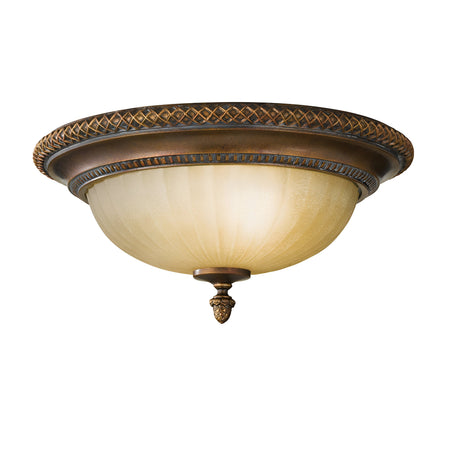 A decorative flush mount light fixture named the Kelham Hall 2 Light Flush, featuring a frosted glass dome, an ornate British bronze rim with intricate detailing that echoes the elegance of Kelham Hall, complemented by a small decorative finial at the bottom.