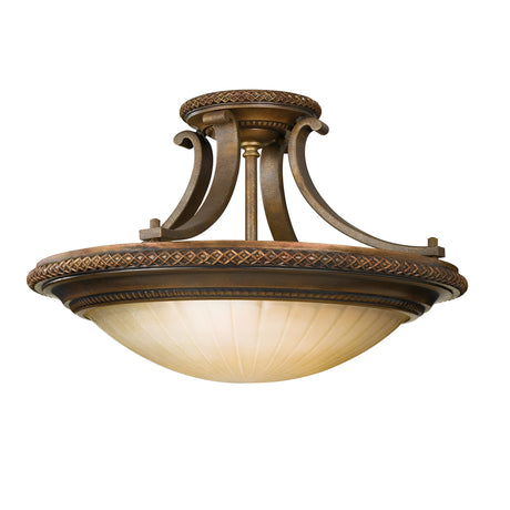Introducing the Kelham Hall 2 Light Semi Flush, designed with an intricately patterned metal frame in a stunning Firenze Gold and British Bronze finish. This fixture features a bowl-shaped frosted glass shade that casts a warm glow, elegantly supported by gracefully curved metal arms with antique bronze accents.