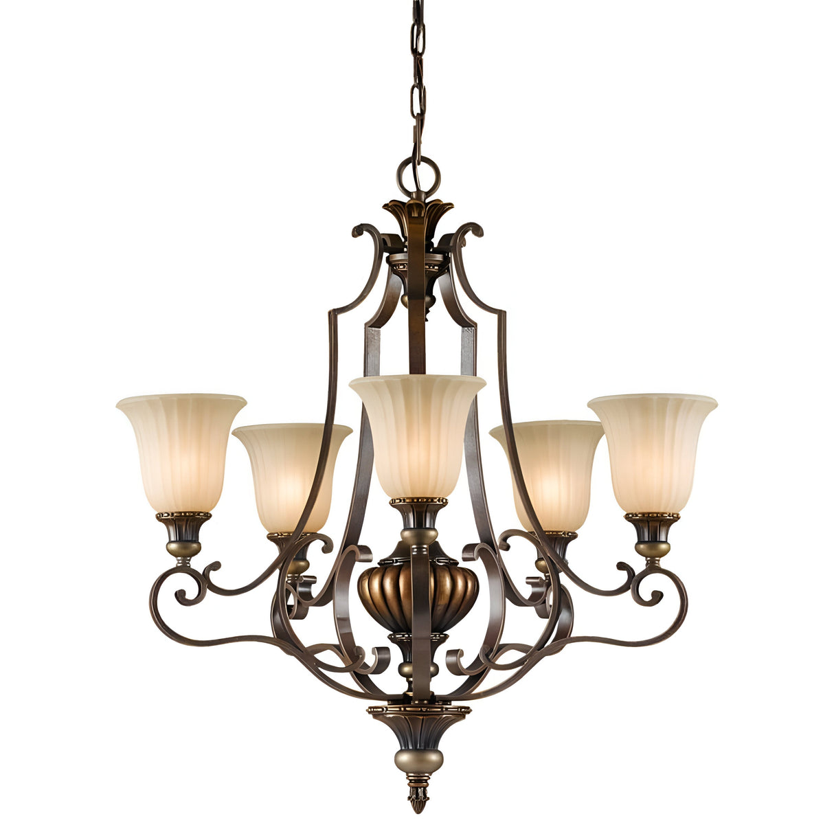 This is a decorative chandelier known as the Kelham Hall 5 Light Up Light Chandelier, featuring five upward-facing frosted glass shades. It is supported by an ornate metal frame in British Bronze with elegant scrollwork, and includes a central decorative element.