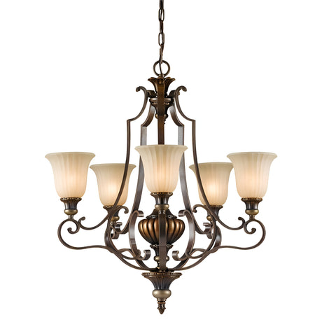 This is a decorative chandelier known as the Kelham Hall 5 Light Up Light Chandelier, featuring five upward-facing frosted glass shades. It is supported by an ornate metal frame in British Bronze with elegant scrollwork, and includes a central decorative element.