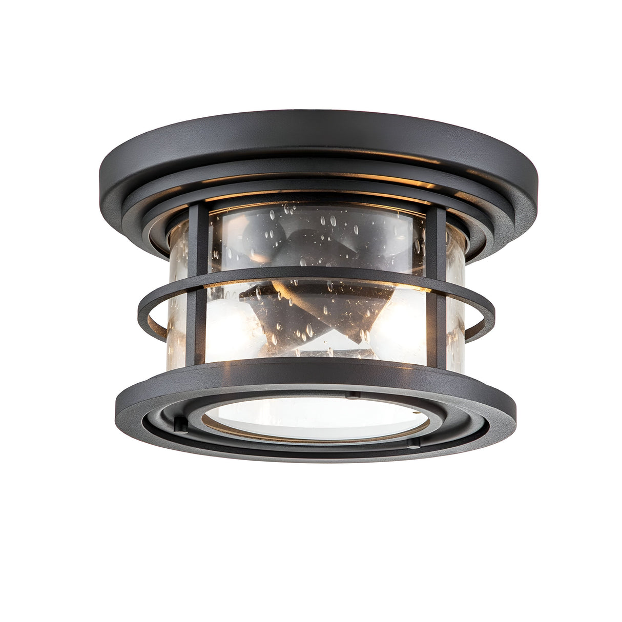 The Lighthouse 2 Light Outdoor Flush in Textured Black is a modern, black metal ceiling light fixture featuring a sleek design and a clear, textured glass enclosure that displays visible bulbs. This contemporary and versatile light is ideally suited for both indoor and outdoor settings.