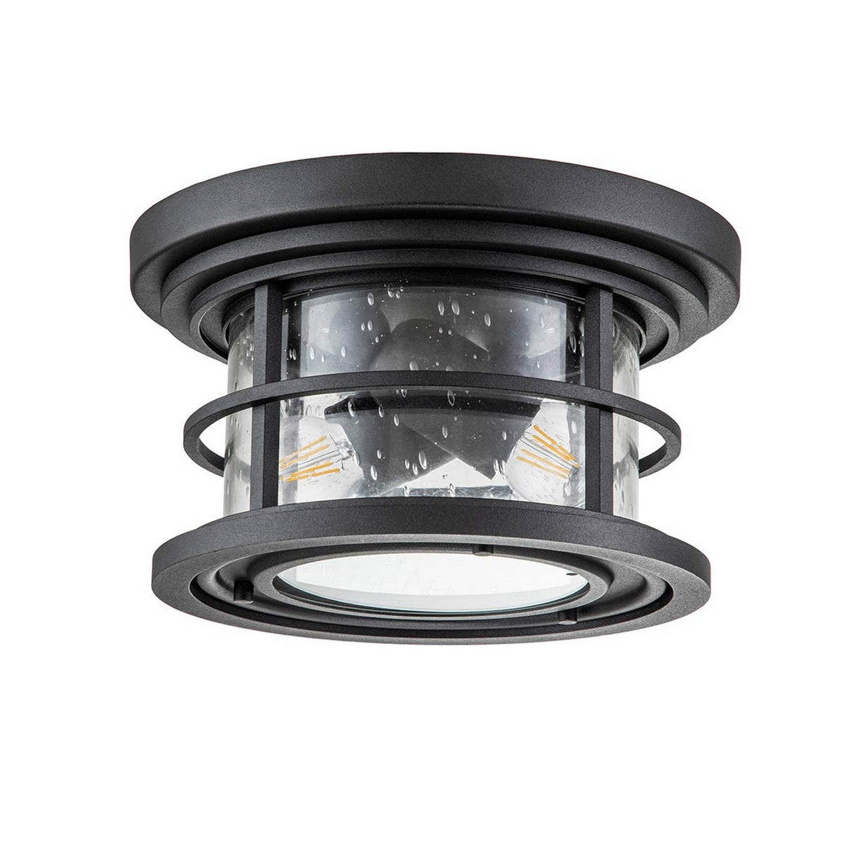 The Lighthouse 2 Light Outdoor Flush in Textured Black showcases a modern, circular design with bubble-textured clear glass panels and a sophisticated textured black finish. It comes complete with two exposed filament-style bulbs for added elegance.