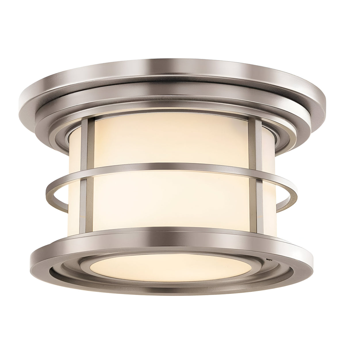 The Lighthouse 2 Light Outdoor Flush in brushed steel showcases a circular design with a frosted glass shade. Encircled by metal rings, this fixture provides a sleek, contemporary look ideal for overhead illumination.