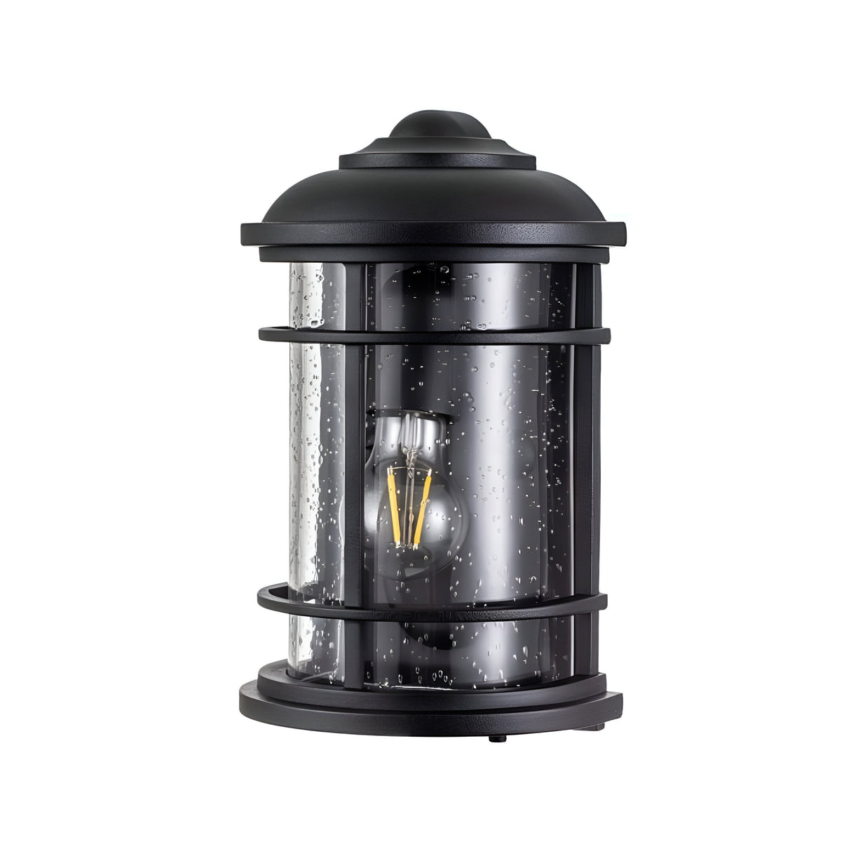 Explore the Lighthouse 1 Light Outdoor Half Lantern in Textured Black, an outdoor lighting fixture with a cylindrical design. It comes with an enclosed clear bubble glass cover and vertical metal bars, highlighting a visible filament-style LED bulb. Ideal for infusing coastal aesthetics into your space.