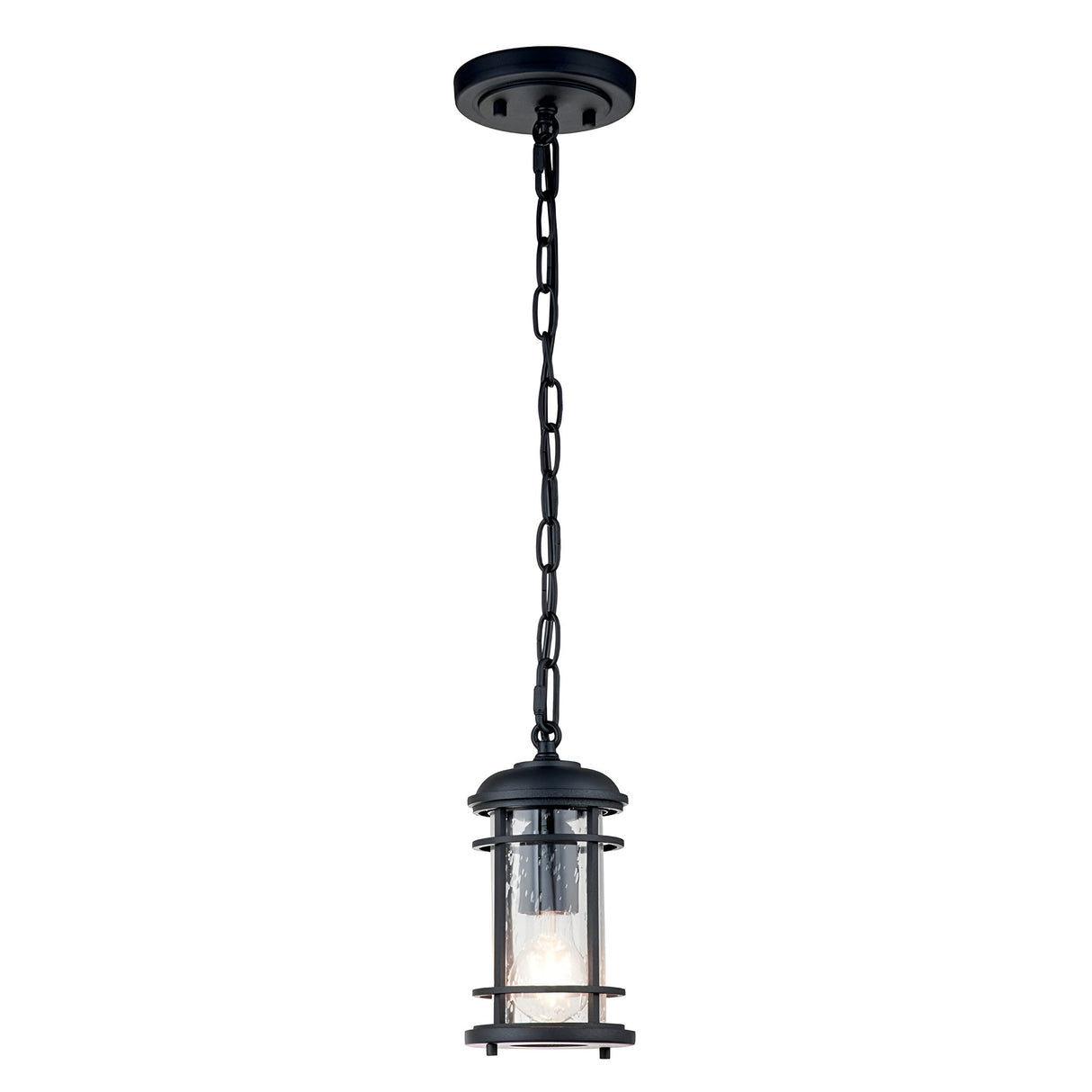 The Lighthouse 1 Light Outdoor Small Chain Lantern in textured black features a cylindrical clear seeded glass shade encased in a metal framework. Its visible light bulb enhances the elegant, classic appeal reminiscent of a nautical outdoor lantern design.