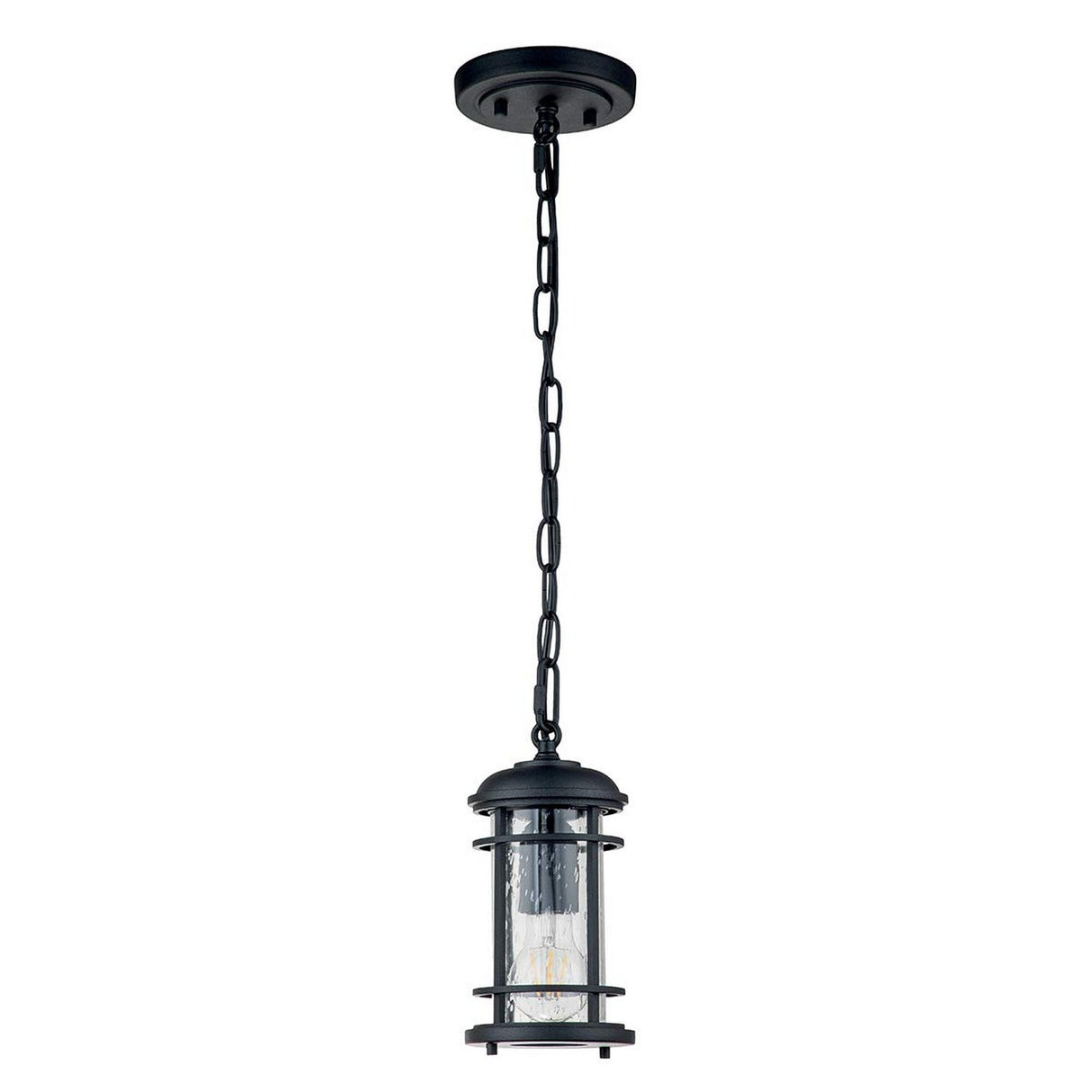 Introducing the Lighthouse 1 Light Outdoor Small Chain Lantern in Textured Black: a stunning black hanging pendant light fixture featuring a cylindrical clear seeded glass shade encased in a metal cage design, elegantly suspended from a chain. The textured black finish beautifully highlights the visible light bulb through the glass.