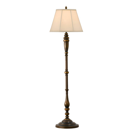 The Lincolndale 1 Light Floor Lamp features an astral bronze finish with a sophisticated and detailed stand, crowned with a cream-colored linen shade.