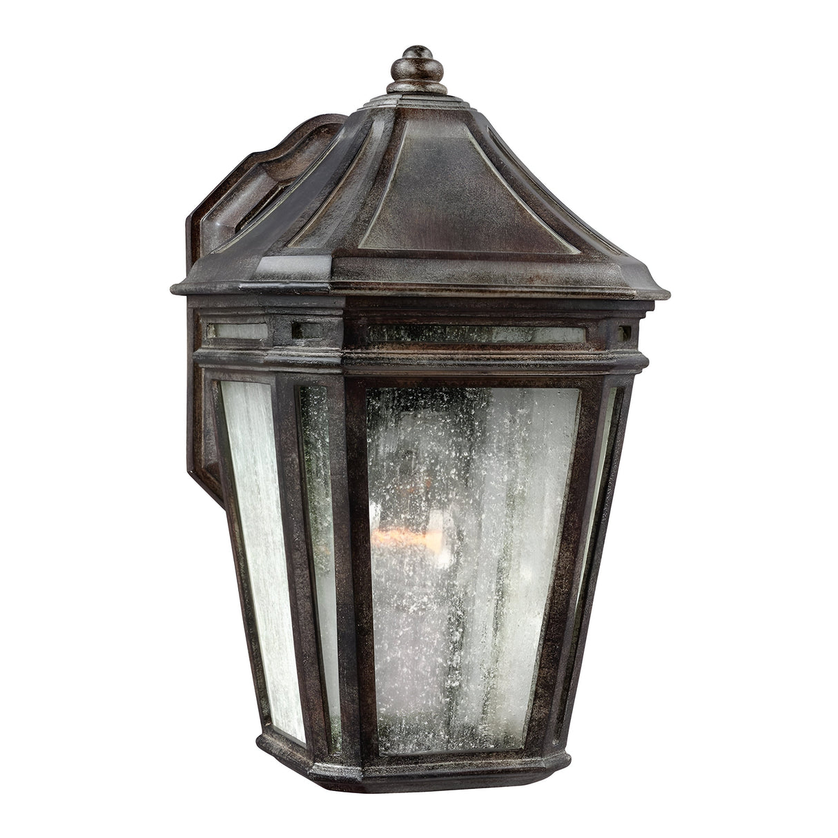 Introducing the Londontowne 1-Light Outdoor Wall Lantern in Weathered Chestnut, featuring a vintage-style design with a weathered chestnut metal frame and clear, seeded glass panels. Its tapered, rectangular shape elegantly houses a single bulb inside.