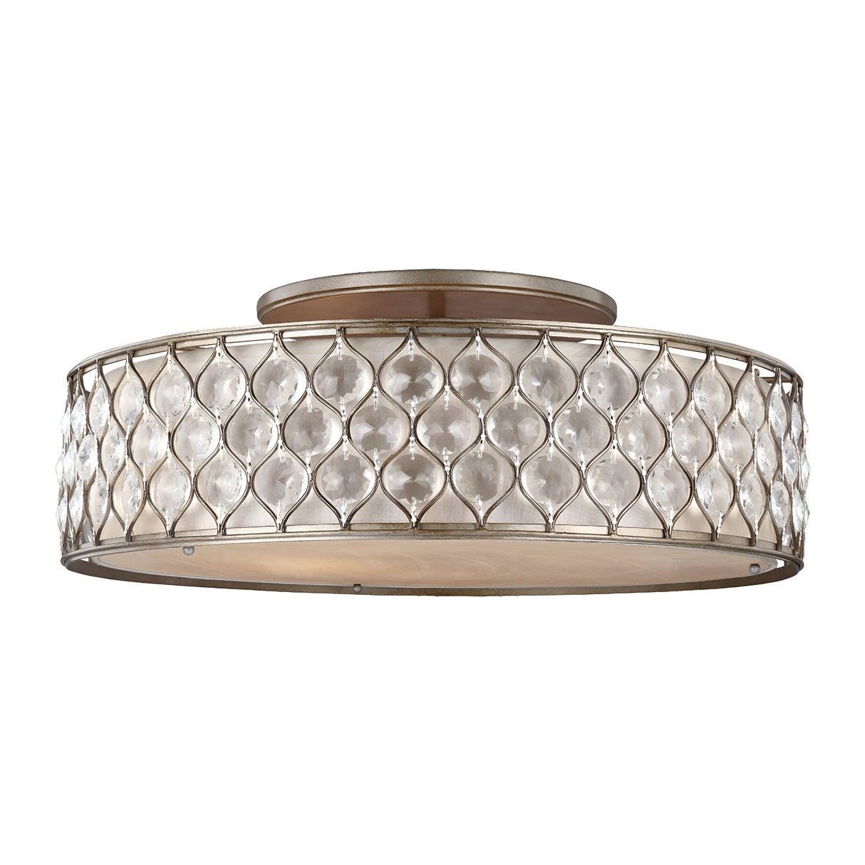 Introducing the Lucia 6 Light Flush - Burnished Silver: This round, ceiling-mounted light fixture showcases a metallic frame with an interlocking teardrop pattern and a burnished silver finish. The outer layer features translucent panels that gently diffuse light, making it an ideal choice for elegant luxury lighting solutions.