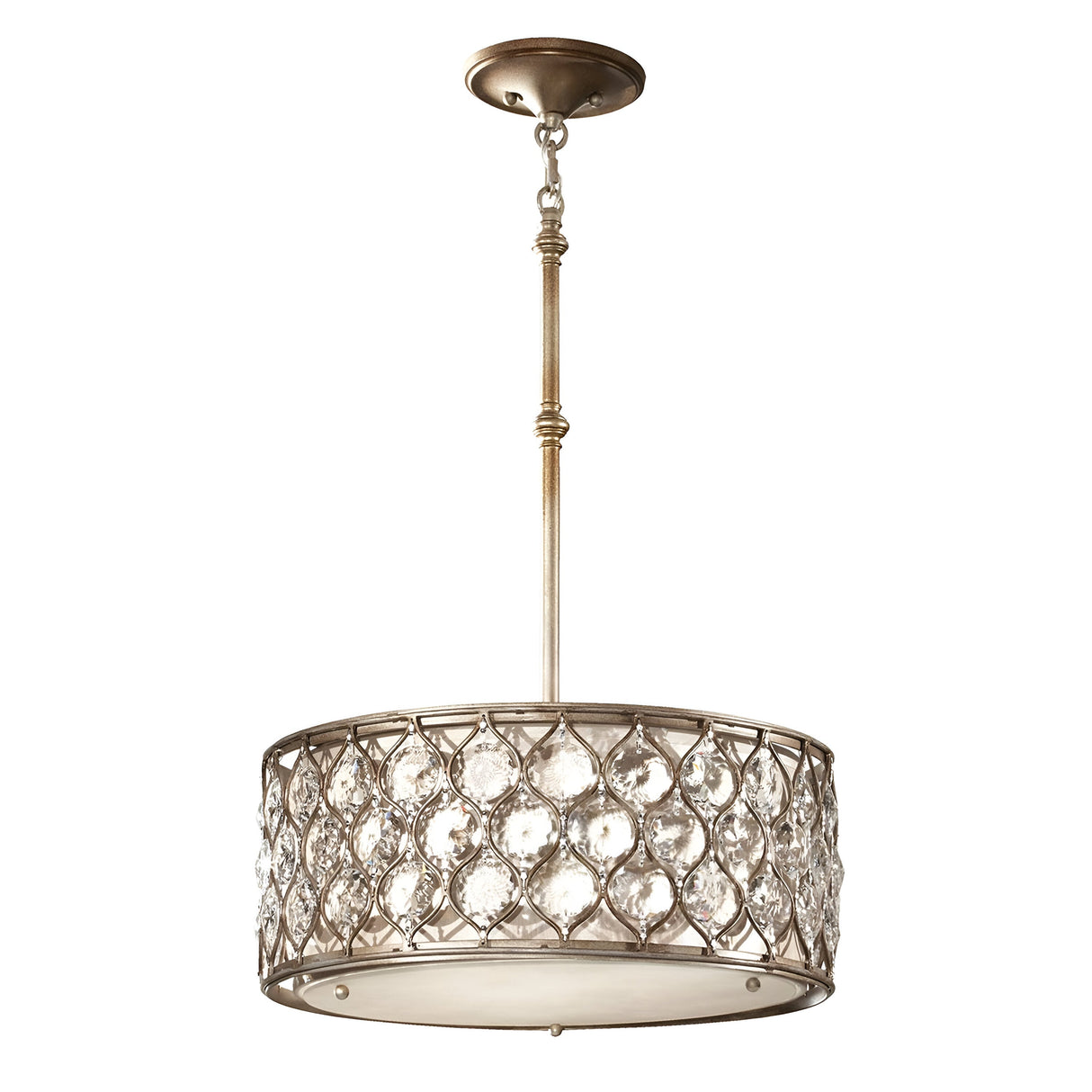 The Lucia 3 Light Chandelier - Burnished Silver is a stunning piece featuring intricate latticework and sparkling Bauhinia crystals. Its round metallic design, with a burnished silver finish, elegantly suspends crystal accents in a refined circular pattern from the ceiling.