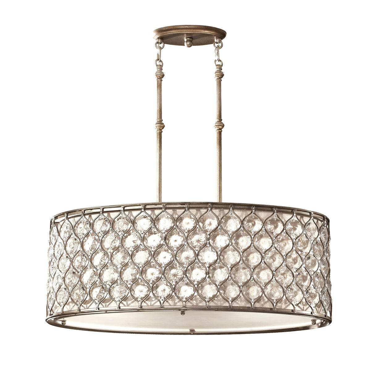 The Lucia 3 Light Large Chandelier - Burnished Silver showcases a circular pendant design with a decorative metal frame in burnished silver and adorned with Bauhinia crystal embellishments. It hangs elegantly from two thin rods connected to a round ceiling mount, offering an elegant and luxurious appearance.