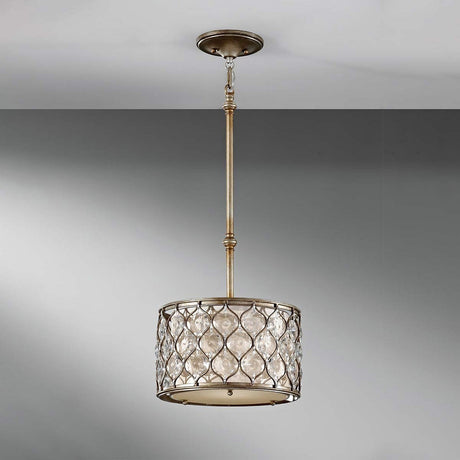The Lucia 1 Light Pendant Light in a burnished silver finish features a cylindrical cage-style shade, embellished with Bauhinia crystals and glass accents to cast elegant reflections while hanging from the ceiling.