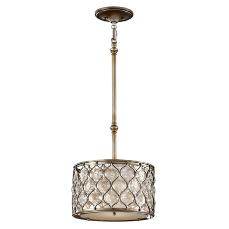 The Lucia 1 Light Pendant Light in burnished silver showcases a classic and elegant design with its cylindrical drum shade, adorned with a metal mesh pattern and Bauhinia crystal glass accents. The fixture is suspended from a rod, adding to its sophisticated charm.