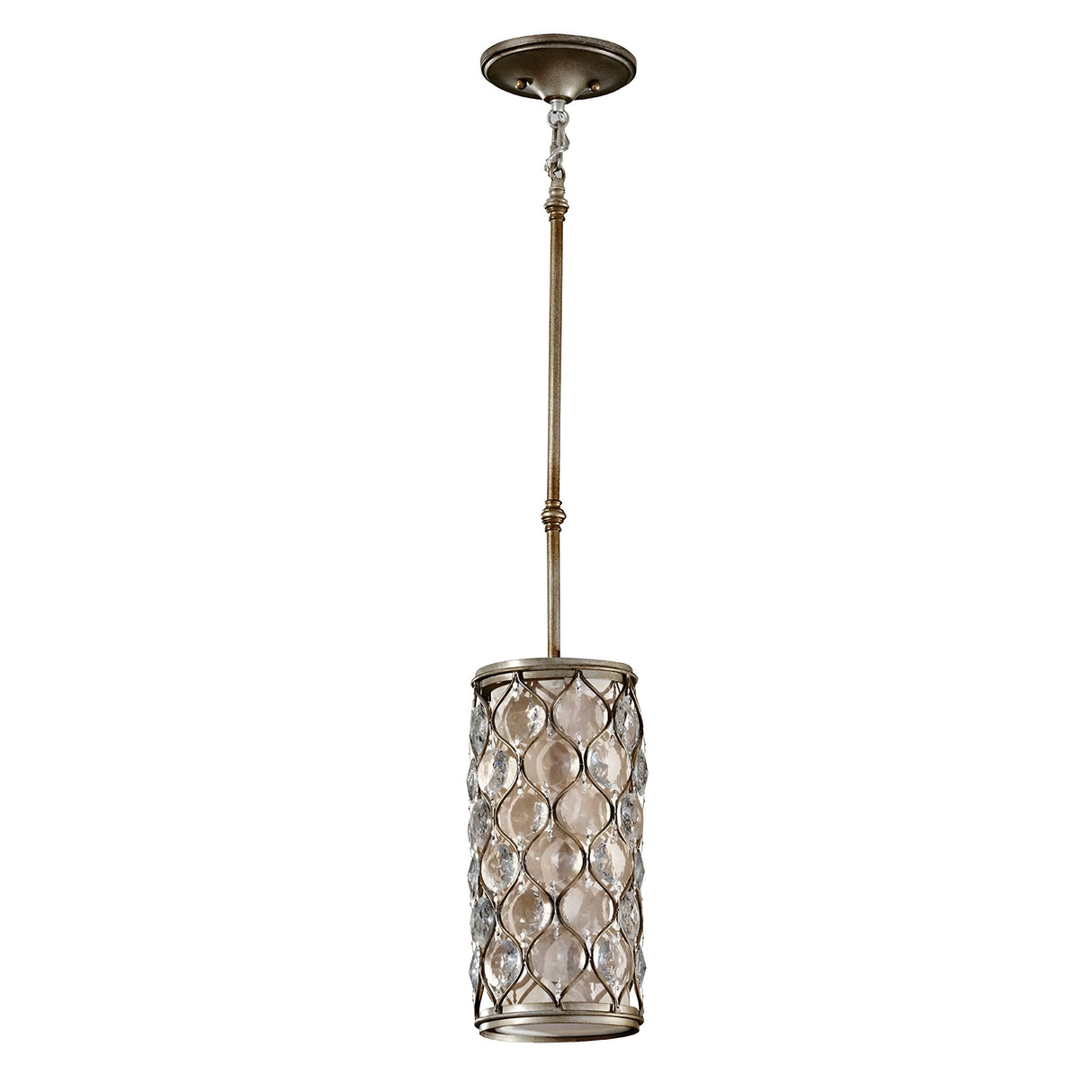 Experience the elegance of the Lucia 1 Light Mini Pendant in burnished silver, featuring a sleek cylindrical design with geometric patterns and multiple clear glass panels. Bauhinia crystals add a touch of sophistication to its metallic frame. It is suspended from a long rod connected to a circular ceiling mount.