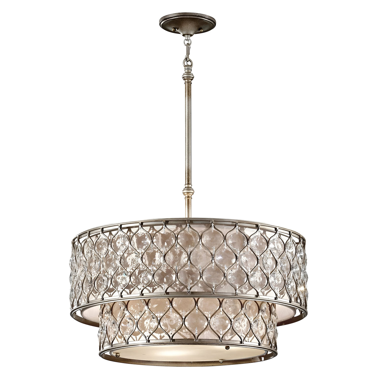 The Lucia 6 Light Chandelier in burnished silver boasts a round metal frame with an intricate lattice pattern. Adorned with Bauhinia crystals and textured glass panels, it elegantly hangs from a rod and ceiling mount, giving the appearance of a chandelier.