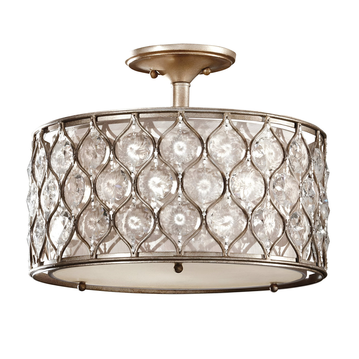 The Lucia 1 Light Semi Flush features a drum-shaped frame with intricate metalwork and inset Bauhinia crystals. It has a burnished silver finish, elegantly mounted to the ceiling for a luxurious and timeless appearance.
