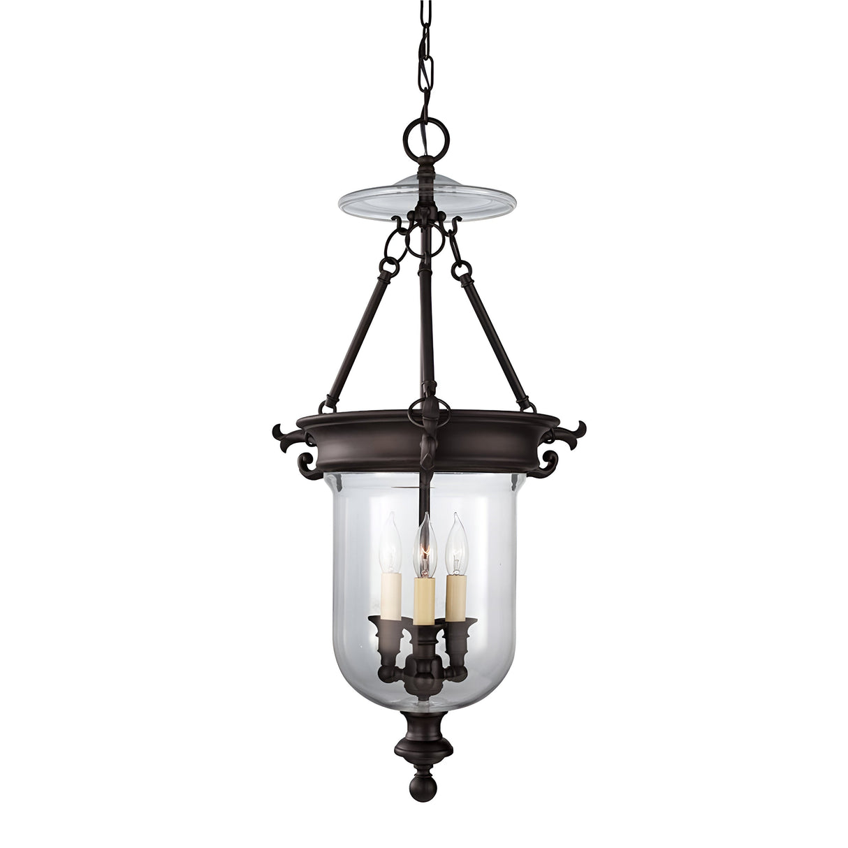 The Luminary 3 Light Chandelier - Oil Rubbed Bronze showcases a vintage-style lantern design with a dark metal frame and glass enclosure, complete with three candle-shaped bulbs.