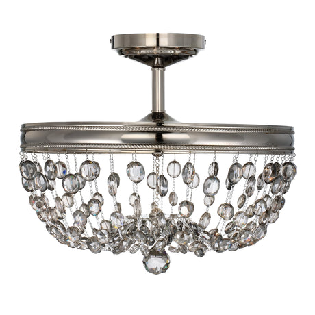 The Malia 3 Light Semi Flush - Polished Nickel boasts a sophisticated polished nickel frame adorned with cascading smoked crystal glass beads in a circular design, delivering a luxurious and elegant look.