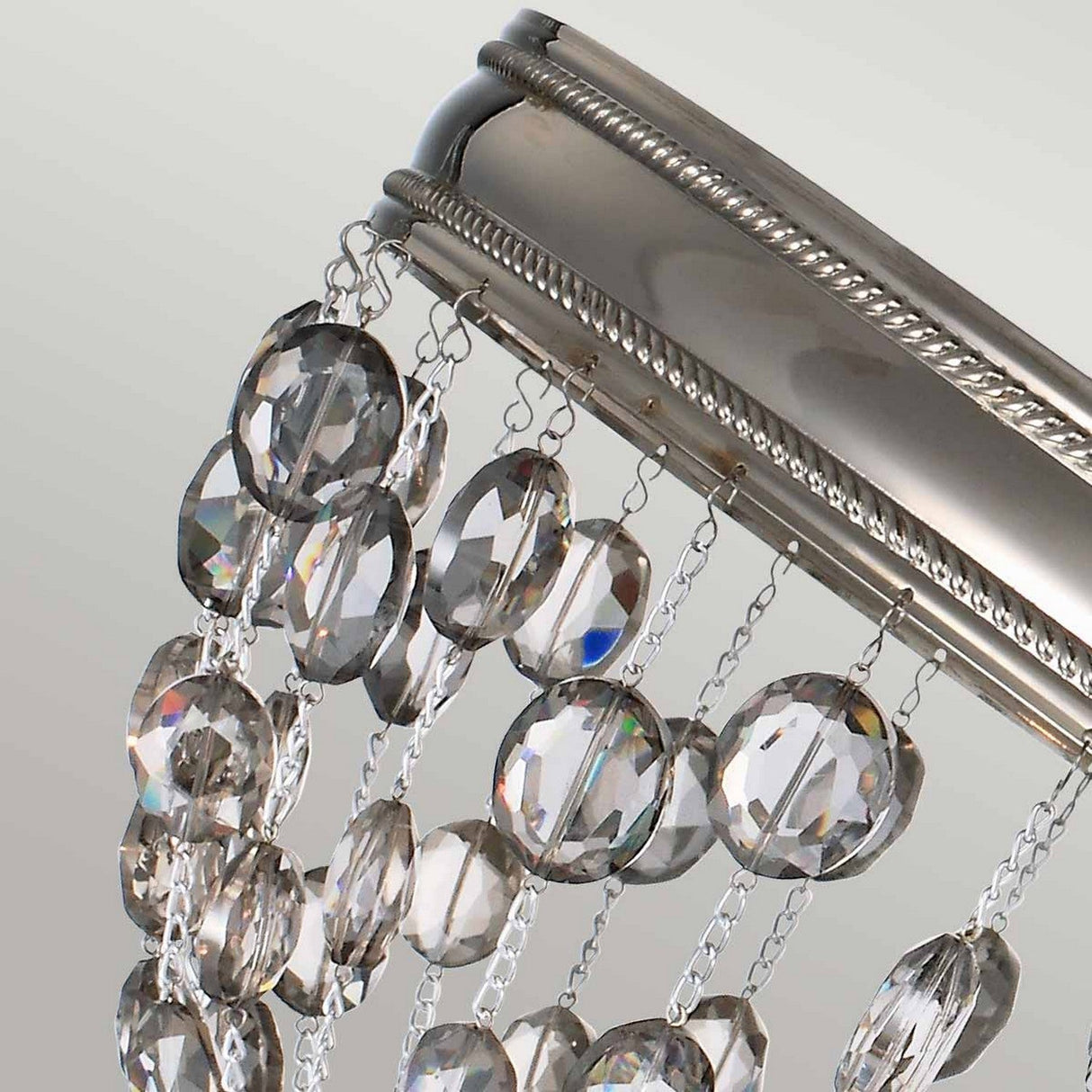 Close-up of the Malia 3 Light Semi Flush - Polished Nickel, featuring a sleek polished nickel frame adorned with cascading strands of smoked crystal glass beads. The rows of beads create a sparkling effect against the neutral background.