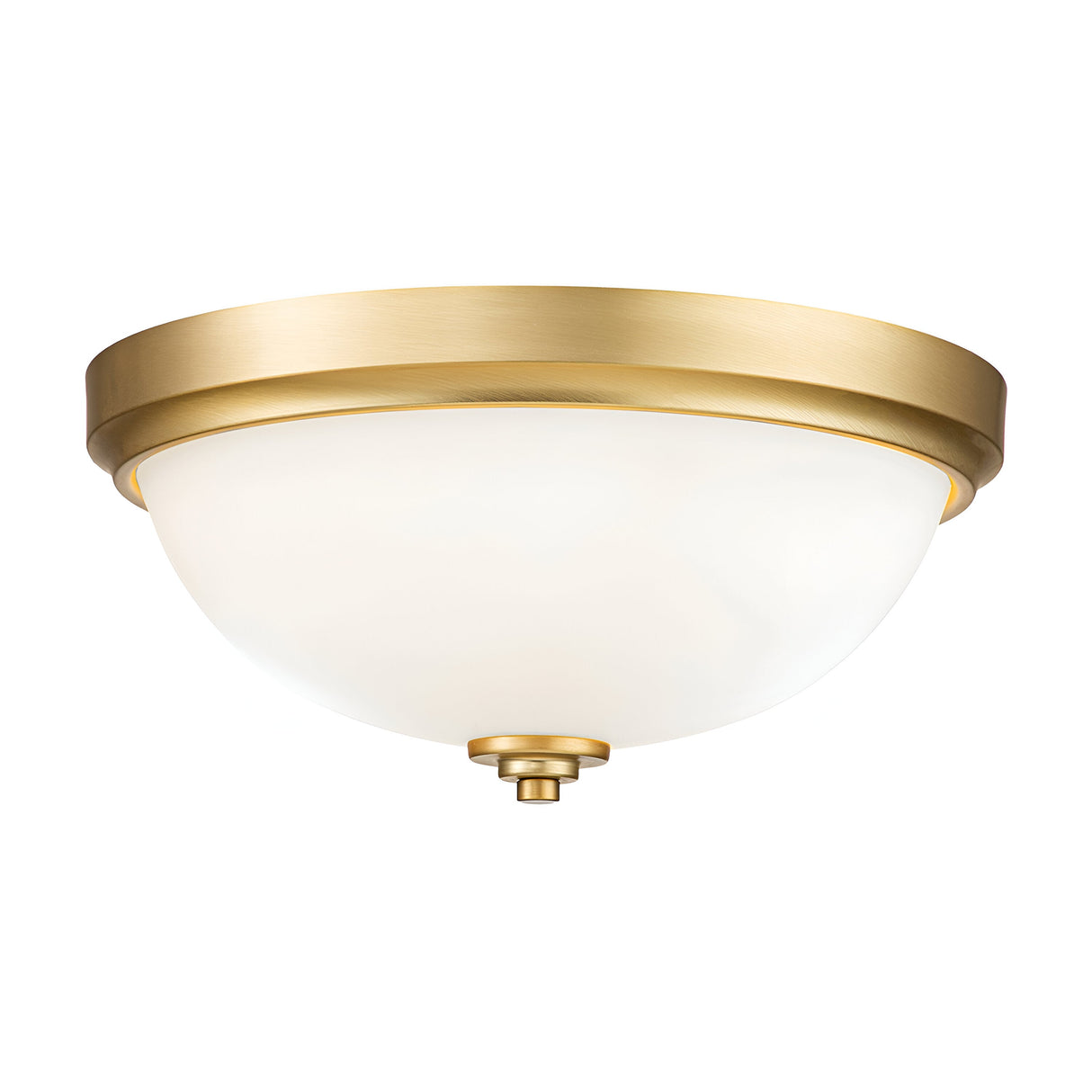 The Malibu 2 Light Flush - Brushed Brass ceiling fixture showcases a frosted glass dome complemented by a brushed brass rim and base, offering a simple and modern design.