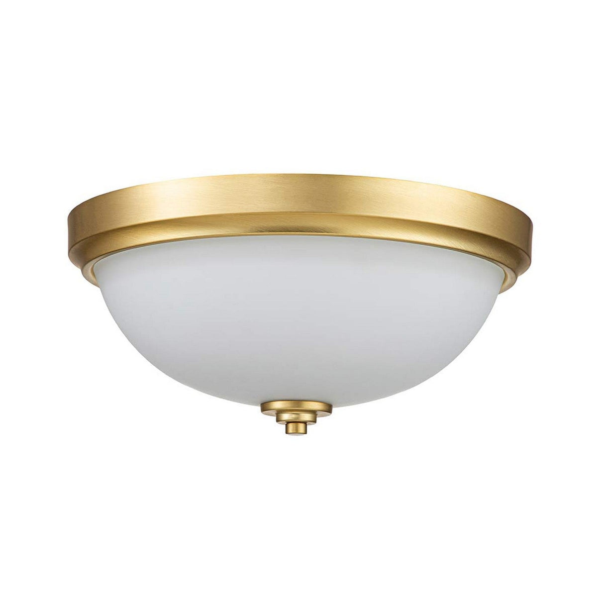 The Malibu 2 Light Flush - Brushed Brass features a ceiling light fixture with an opal-etched glass drum shade and a brushed brass base, offering a simple and modern design that complements various interior styles.