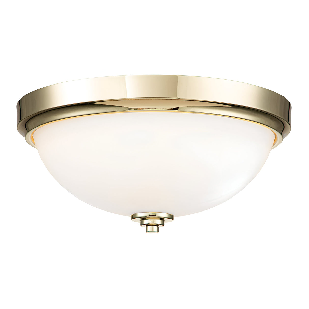 The Malibu 2 Light Flush - Polished Brass is a modern ceiling light fixture with a polished brass finish, featuring a semi-circular opal-etched glass shade. It is secured by a central metallic knob, providing ambient lighting with a soft glow.