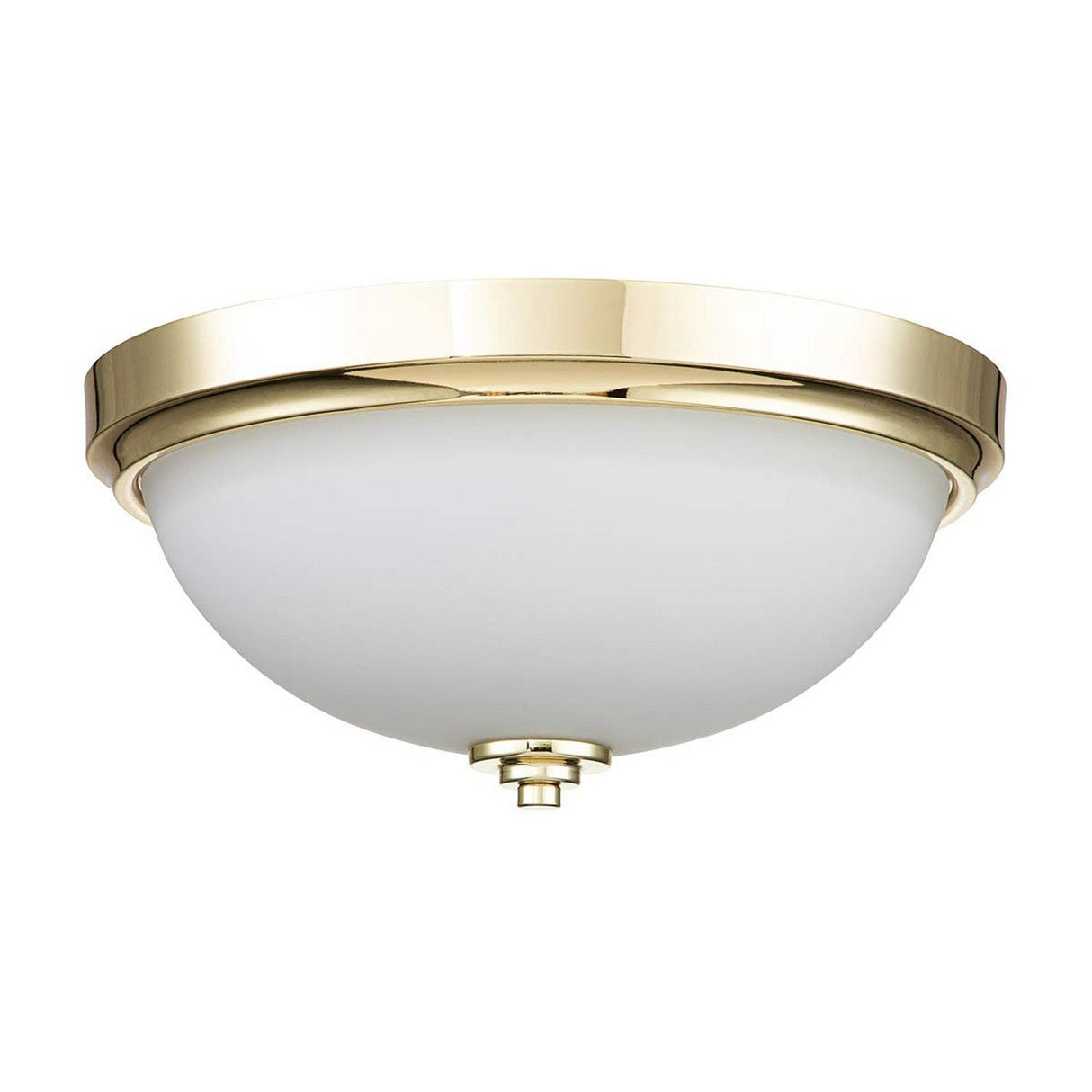The Malibu 2 Light Flush in polished brass, featuring an opal-etched glass dome, provides enchanting ambient lighting.
