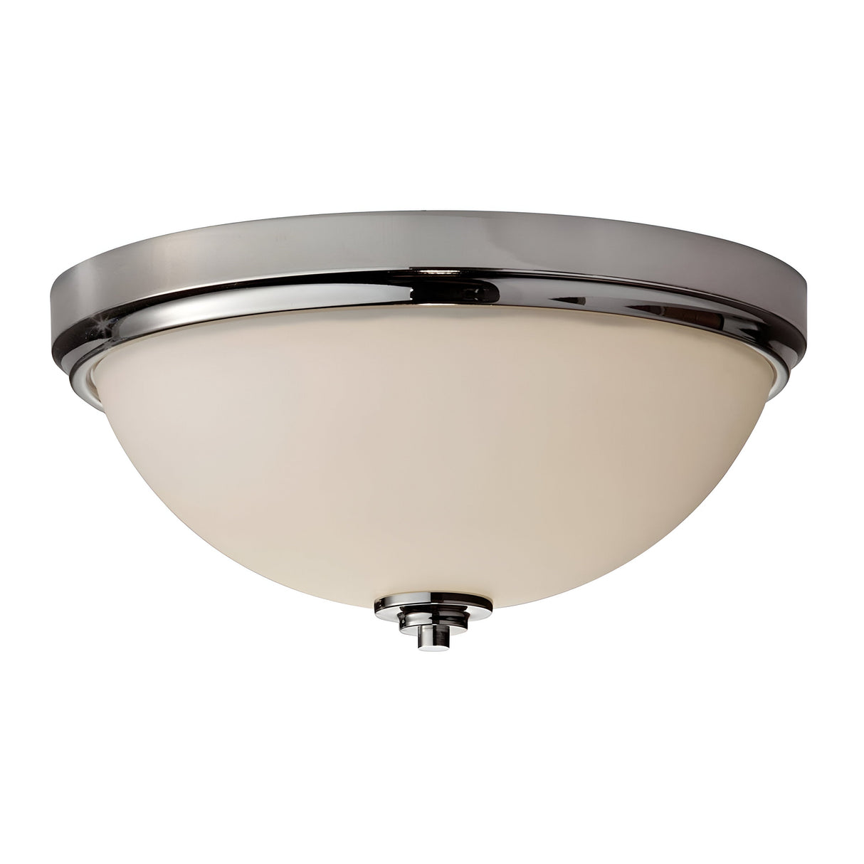 Introducing the Malibu 2 Light Flush - Polished Chrome, a modern ceiling light fixture featuring an opal-etched glass shade and a polished chrome rim. This fixture's simple, elegant design is perfectly suited for contemporary interiors.
