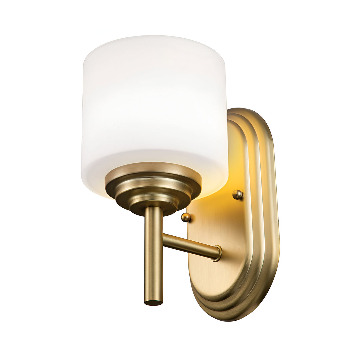 The Malibu 1 Light Wall Light in Brushed Brass showcases a minimalist design with an opal-etched glass shade, complete with a rounded rectangular wall plate, vertical rod, and an elegant brushed gold finish.