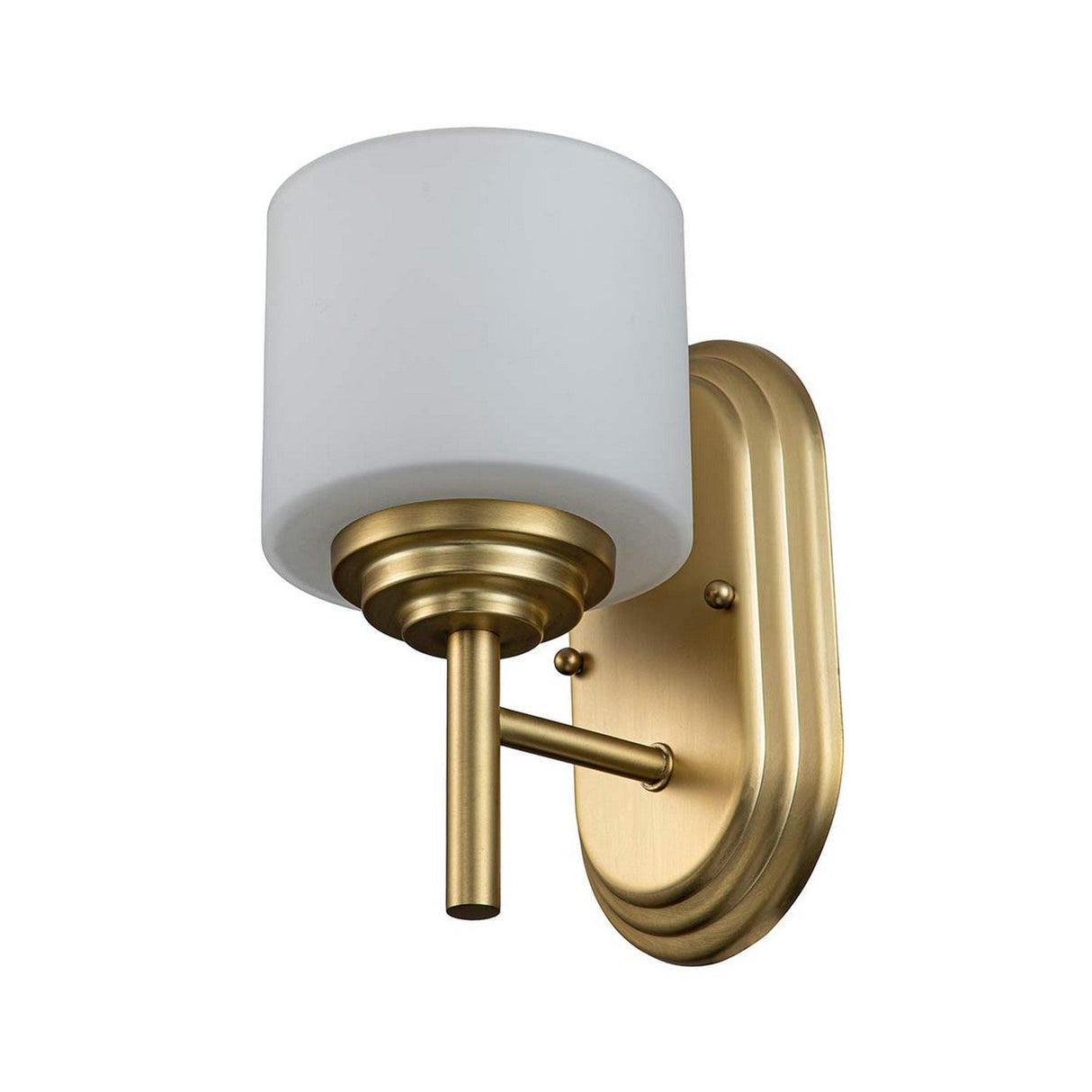 The Malibu 1 Light Wall Light in Brushed Brass is a contemporary wall fixture that boasts a cylindrical opal-etched glass shade, complemented by a brushed brass base and mounted on an oval backplate, showcasing a sleek design.