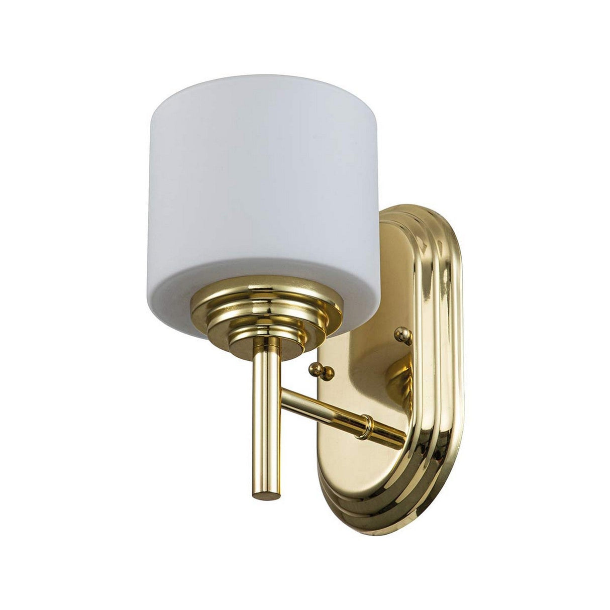 The Malibu 1 Light Wall Light in polished brass showcases a sleek, modern design with its wall-mounted structure. It features a cylindrical opal-etched glass shade and a rectangular base with a single arm, creating an elegant fixture that adds sophistication to any room.