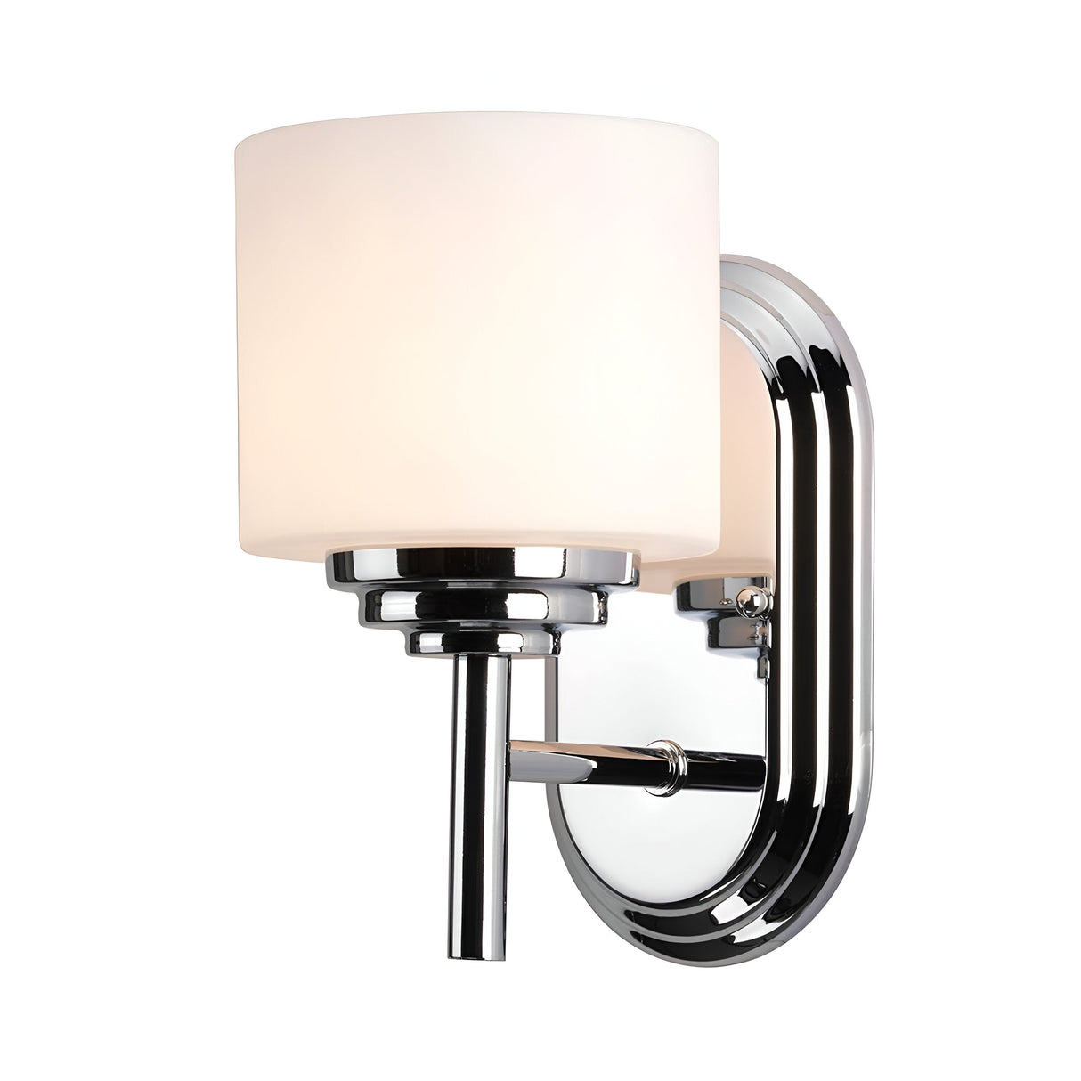 The Malibu 1 Light Wall Light - Polished Chrome showcases a sleek, contemporary design with a polished chrome finish and a cylindrical opal-etched glass shade. It is mounted on a rectangular backplate with rounded edges.