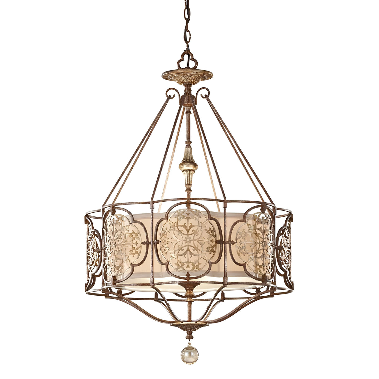 The Marcella 3 Light Chandelier in Bronze showcases a vintage-style design, featuring an ornate metal frame with intricate floral glass panels and elegant bronze filigree. This fixture is suspended by a chain for ambient illumination and includes a decorative glass pendant at the bottom.