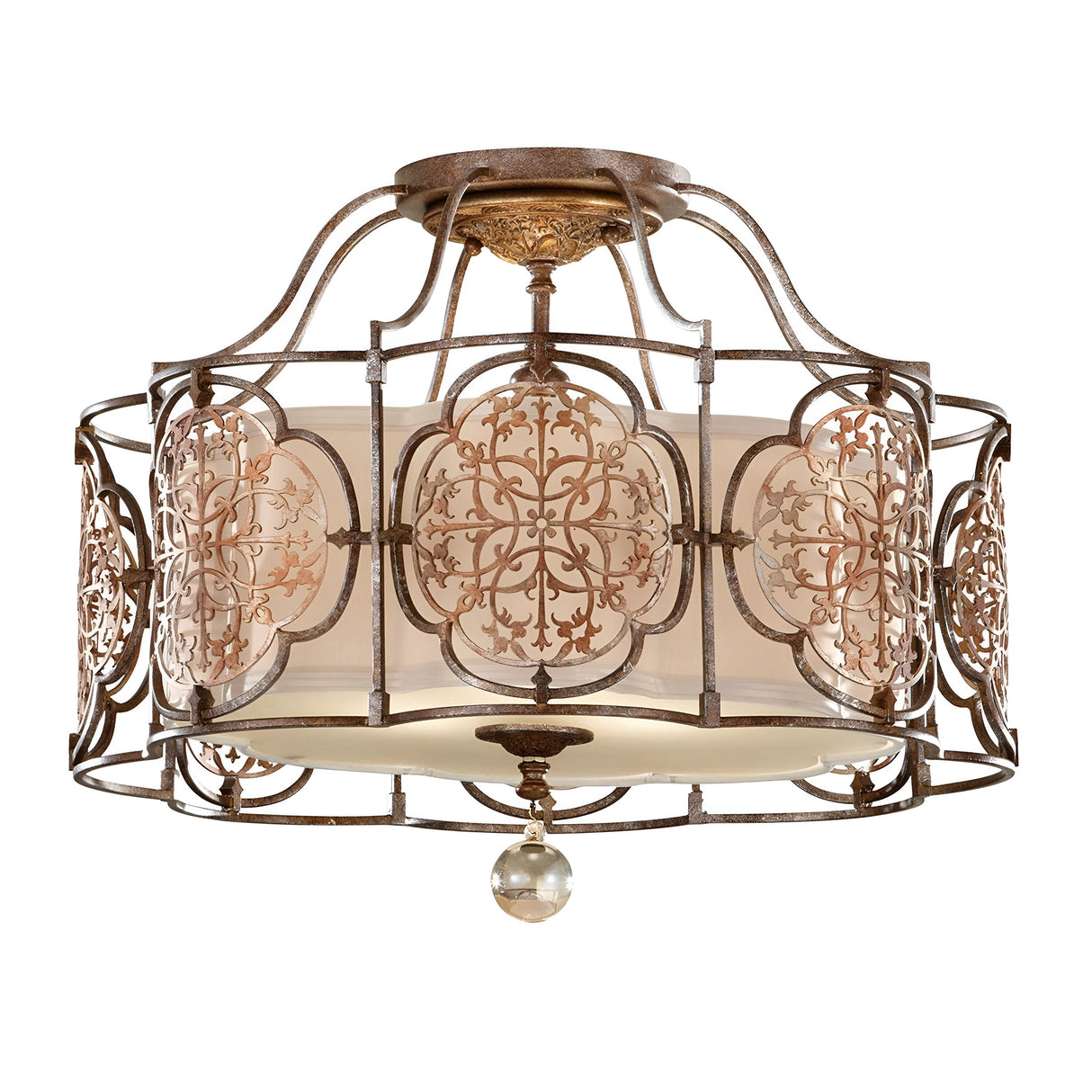The Marcella 3 Light Semi Flush - Bronze ceiling light fixture exudes exotic elegance with its ornate bronze-finished metalwork. Intricate swirling patterns adorn the frosted glass cylindrical shade, complemented by a delicate spherical glass accent hanging below.