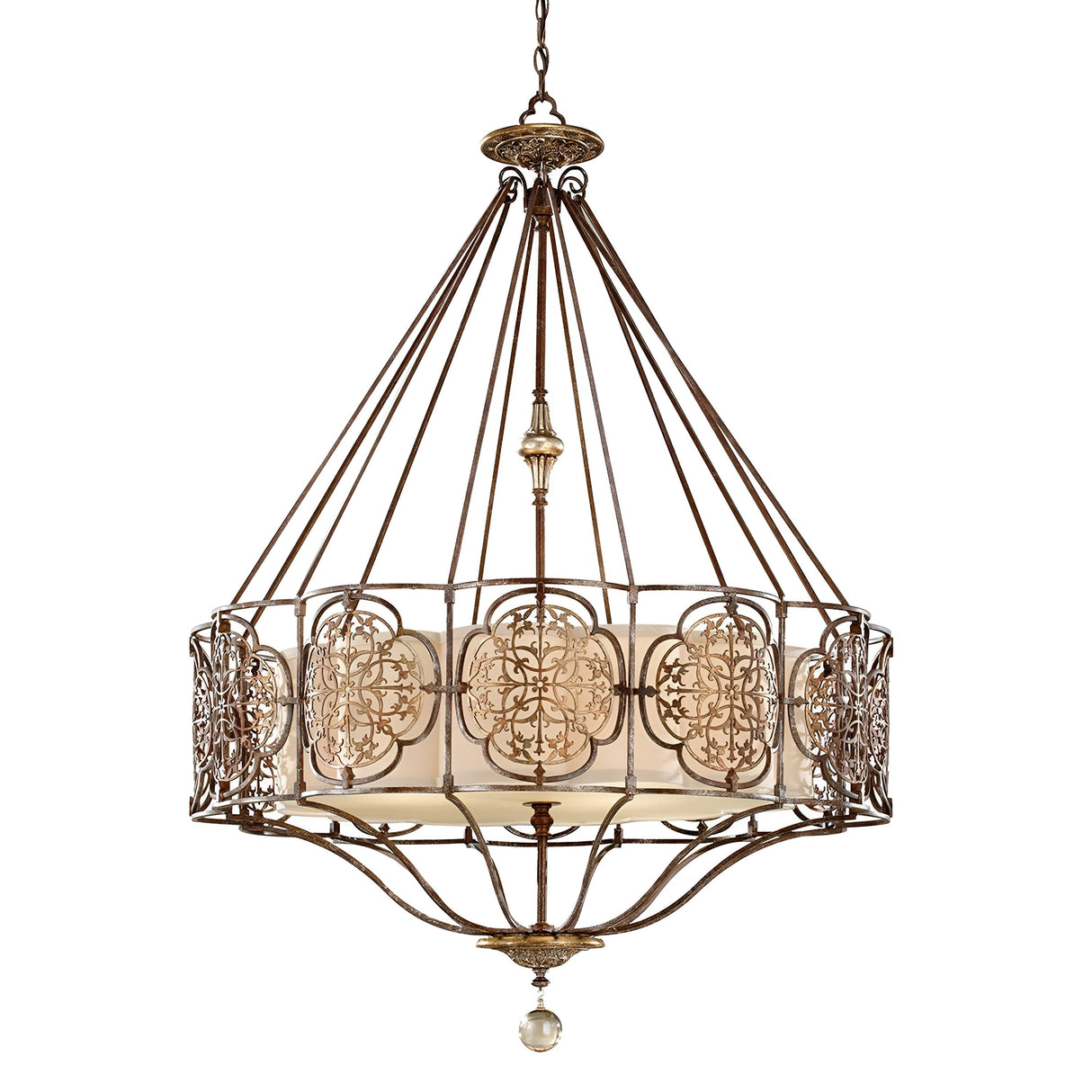 The Marcella 4 Light Chandelier in Bronze features intricate metalwork and a circular beige shade. It boasts ornate patterns and a central decorative element, epitomizing luxury lighting while hanging gracefully from a chain.
