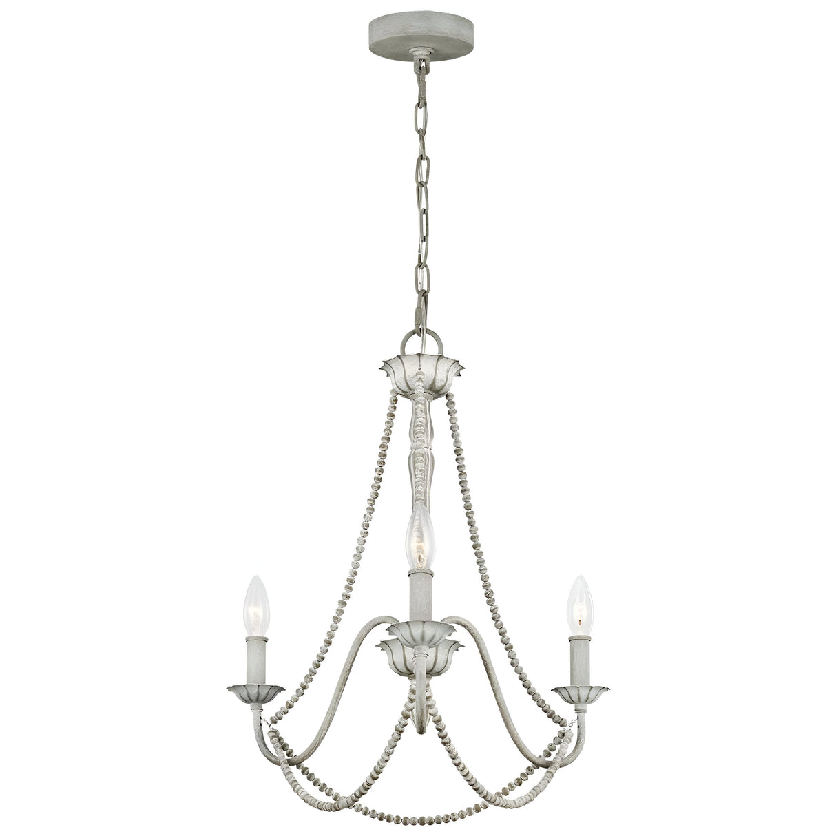 The Maryville 3 Light Chandelier - Washed Grey adds a touch of French Country elegance to any room, showcasing a vintage-style metal frame in a washed grey finish with beaded accents and three candle-shaped lights gracefully suspended from a chain.