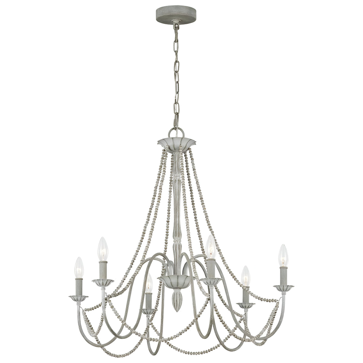 The Maryville 6 Light Chandelier in washed grey exudes rustic elegance with its intricate design featuring multiple candle-like bulbs and ornate metal arms adorned with beaded strands. This French Country style fixture hangs gracefully from a chain and ceiling mount.
