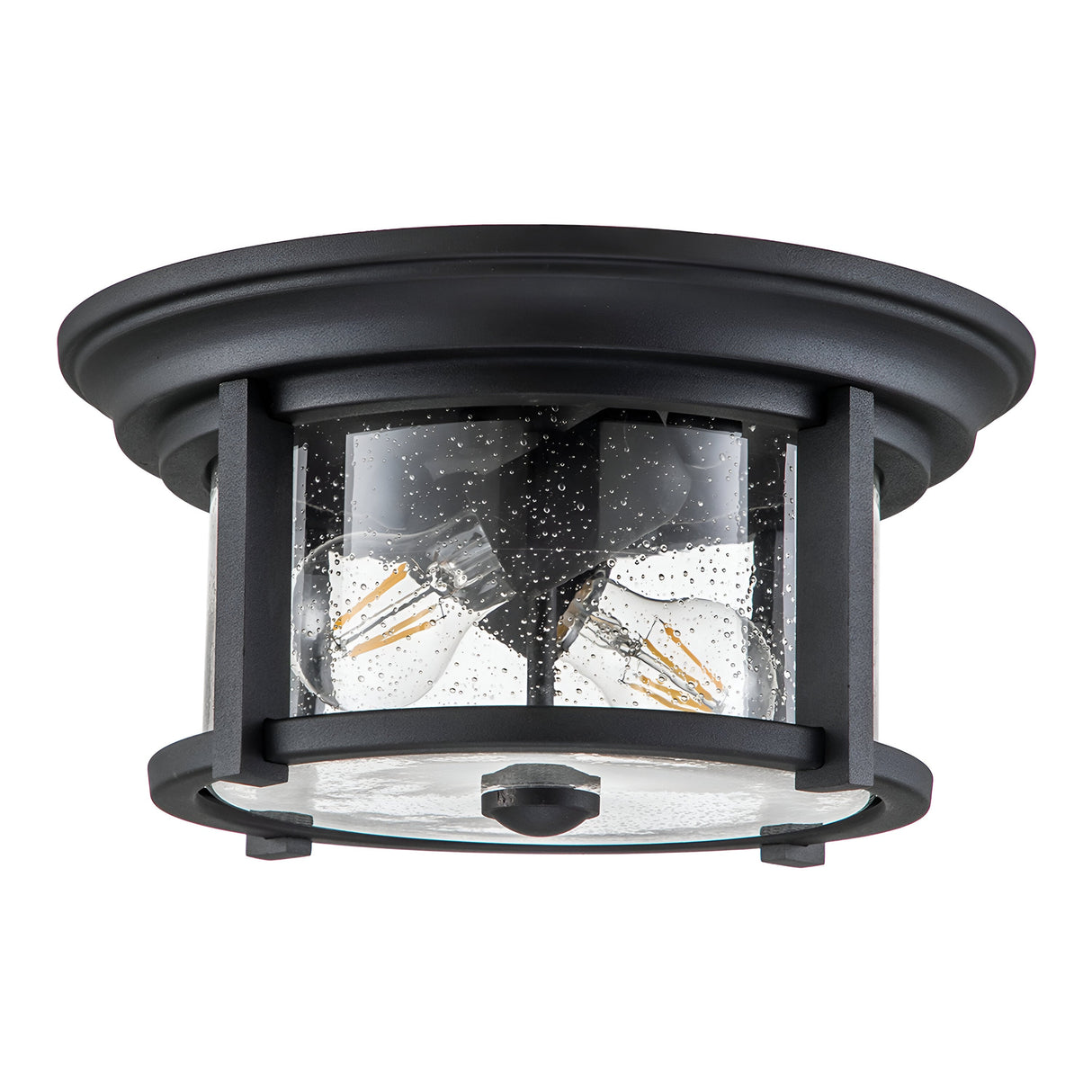The Merrill 2 Light Outdoor Flush - Black ceiling fixture showcases a classic and elegant design with its black finish paired with a clear, seeded glass shade. It houses two visible light bulbs within its cylindrical enclosure.