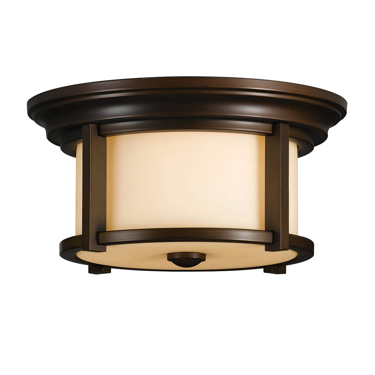 The Merrill 2 Light Outdoor Flush features a round design with a Heritage Bronze finish and cream-colored glass shade. Its sleek, modern style with metal framing makes it perfect for enhancing both indoor aesthetics and ensuring durability in outdoor lighting applications.