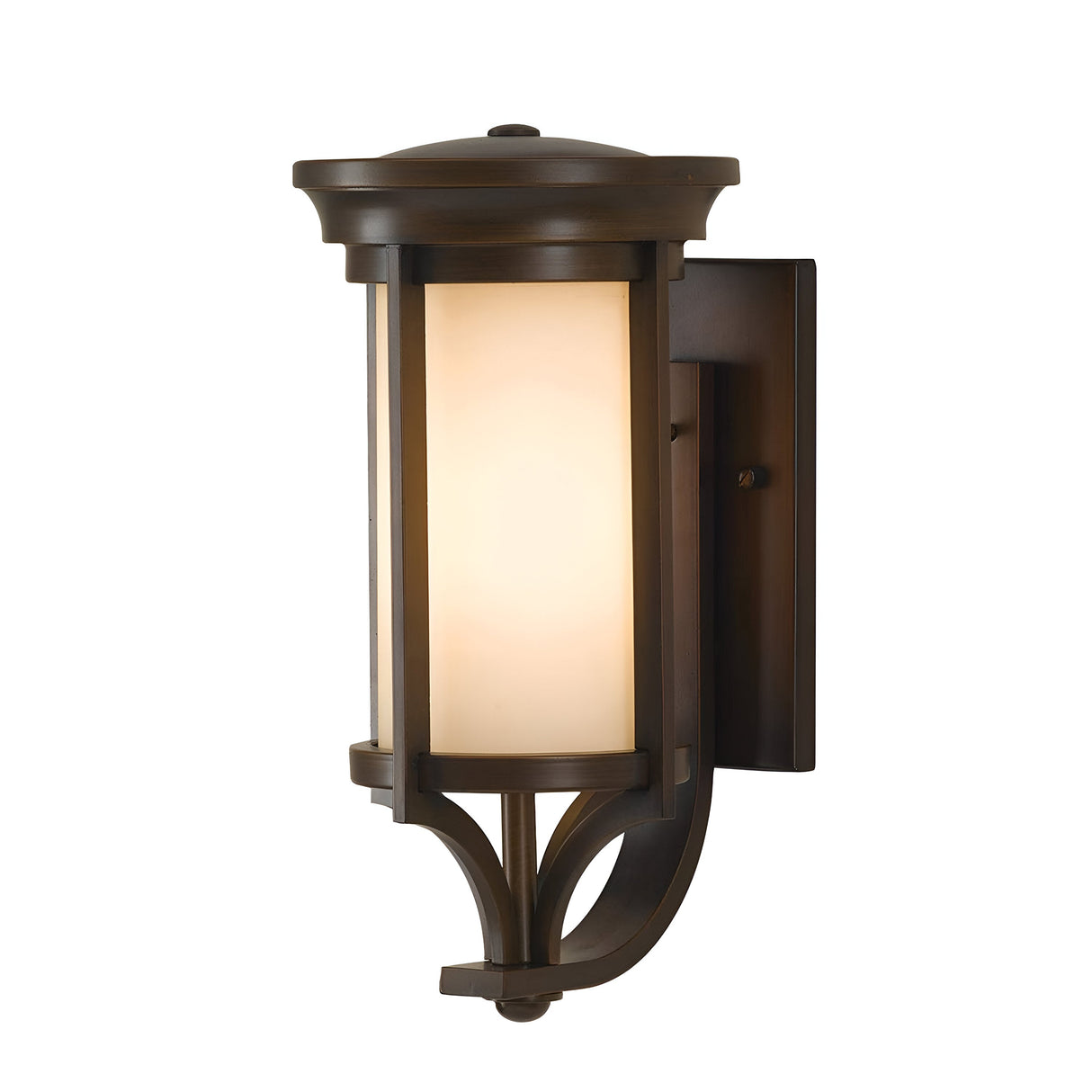The Merrill 1 Light Small Outdoor Wall Lantern - Bronze features a cylindrical seeded glass shade with a curved arm and a rectangular wall mount, perfect for exterior lighting.