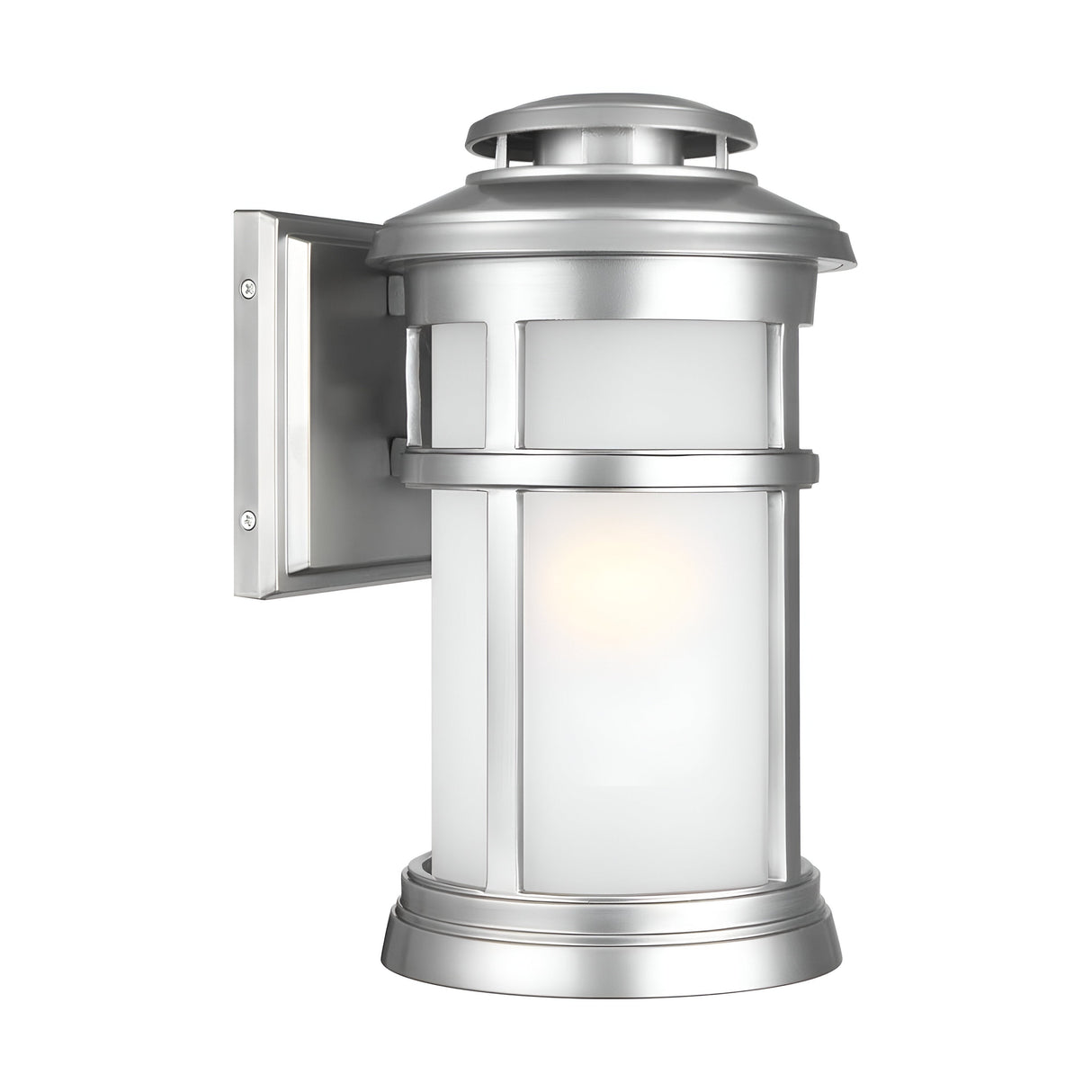 The Newport 1 Light Outdoor Medium Wall Lantern in Brushed Steel combines modern design with coastal elegance. Its cylindrical shape, enhanced by frosted glass panels, is mounted on a rectangular base, allowing the light to emit a soft glow from within.