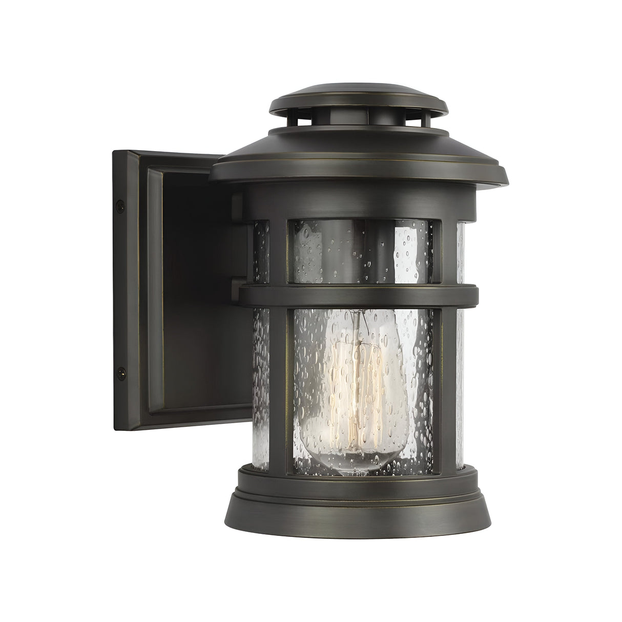 The Newport 1 Light Outdoor Small Wall Lantern in Antique Bronze finish showcases a cylindrical design with clear seeded glass panels that reveal a visible bulb inside. This traditional style fixture effortlessly brings vintage charm and illumination to exterior spaces.