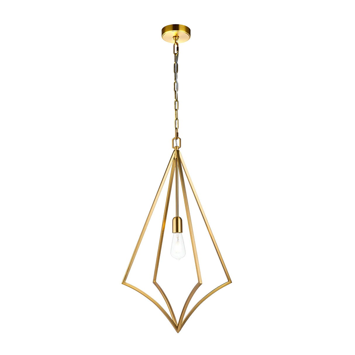 Introducing the Nico 1 Light Large Pendant in Burnished Brass: This modern pendant light showcases a geometric gold metal frame, elegantly suspended by a chain. It features an exposed single bulb design that beautifully combines industrial elements with geometric artistry for a chic and minimalist look.