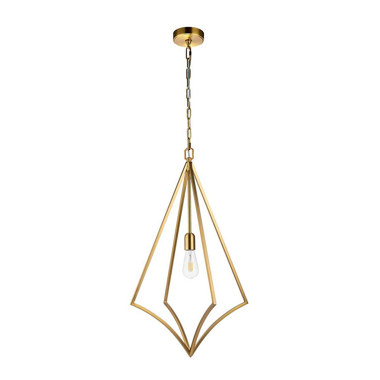 The Nico 1 Light Large Pendant in burnished brass exhibits contemporary geometric artistry with its open diamond-shaped frame. Suspended by a chain, it features a single exposed bulb at the center, seamlessly complementing industrial décor.