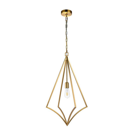 The Nico 1 Light Large Pendant in burnished brass exhibits contemporary geometric artistry with its open diamond-shaped frame. Suspended by a chain, it features a single exposed bulb at the center, seamlessly complementing industrial décor.