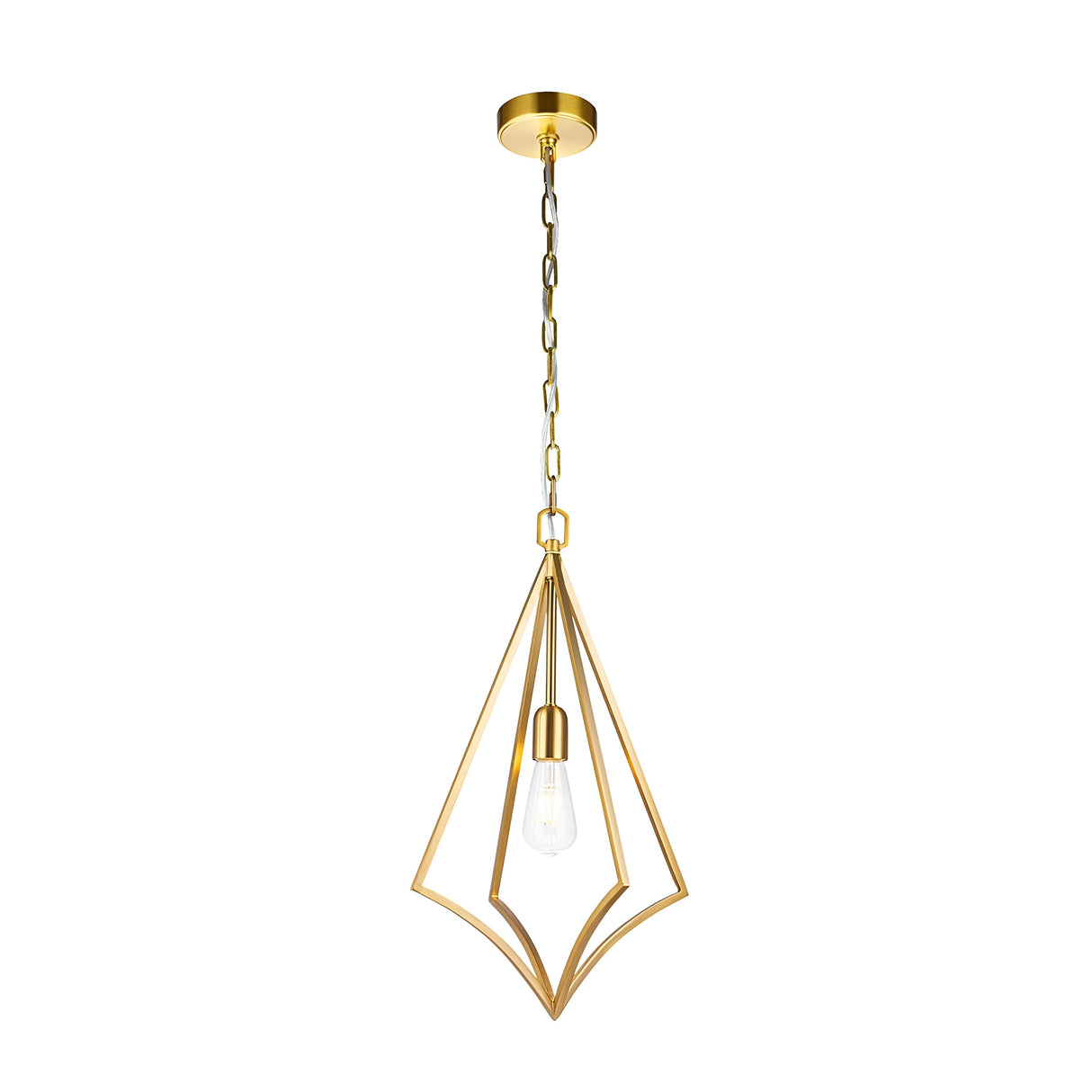 The Nico 1 Light Medium Pendant - Burnished Brass features a geometric burnished brass frame suspended from a matching gold chain, housing a single exposed bulb to enhance the space with its sleek industrial elegance and minimalist appeal.