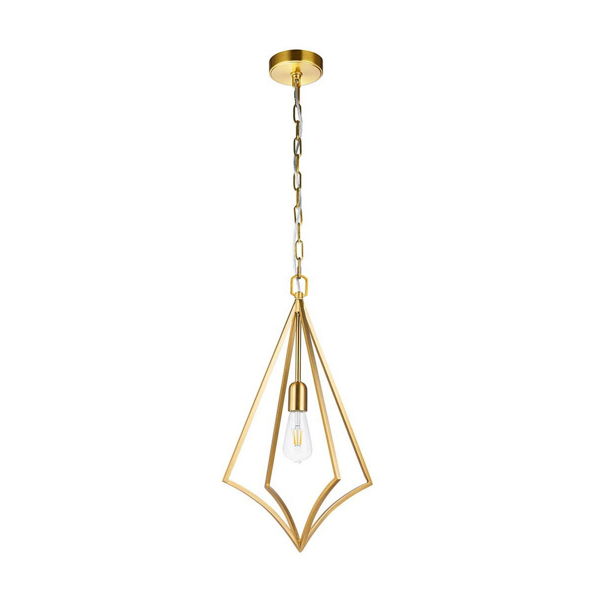The Nico 1 Light Medium Pendant in Burnished Brass showcases a single exposed bulb set within a modern geometric metal frame and is suspended from a chain, bringing industrial charm and a stylish, contemporary look to any space.