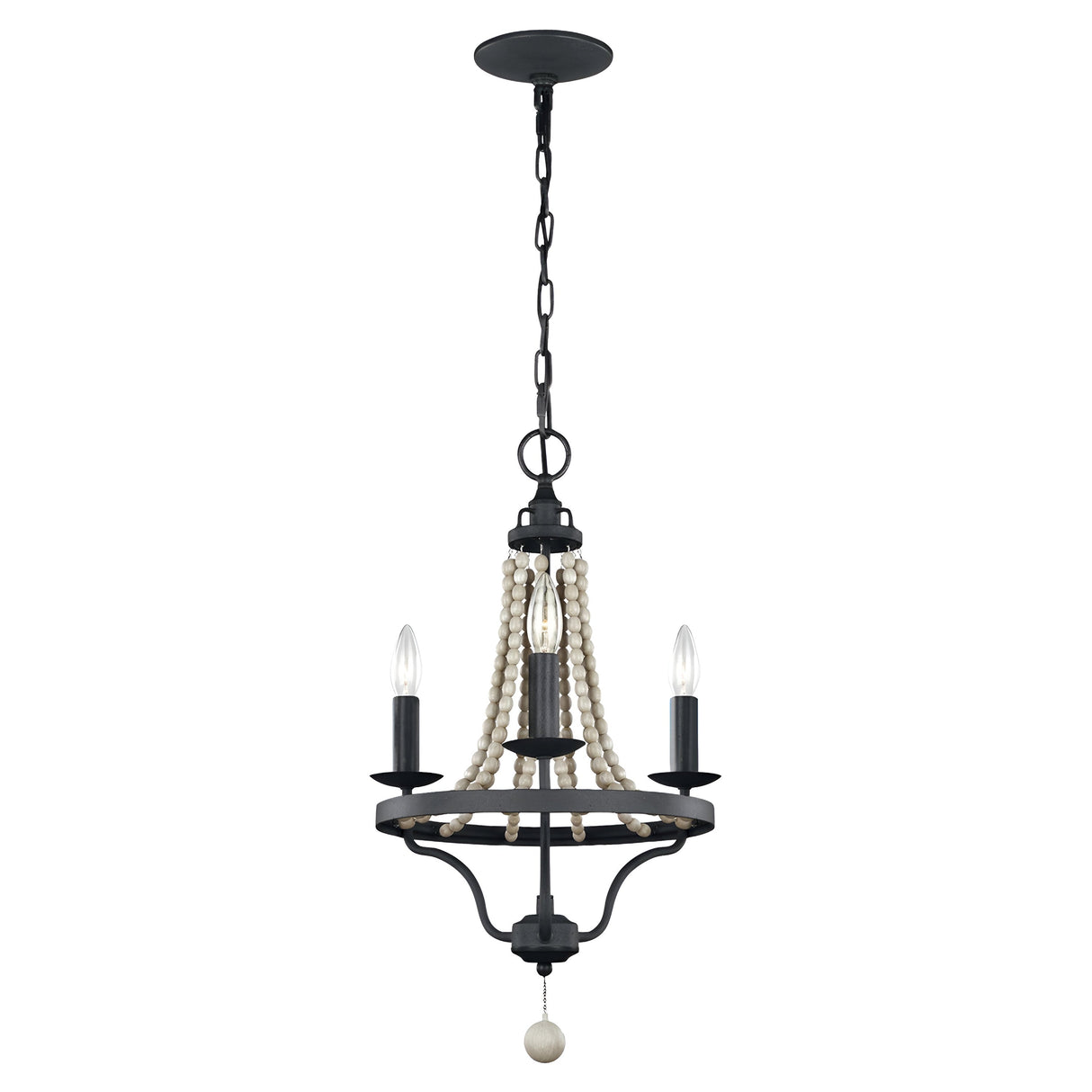 The Nori 3 Light Chandelier - Dark Weathered Zinc With Driftwood Grey features a dark weathered zinc frame, showcasing three candle-shaped bulbs and gracefully adorned with decorative beads. It is suspended by a metal chain and includes an elegant small spherical ornament at the bottom.