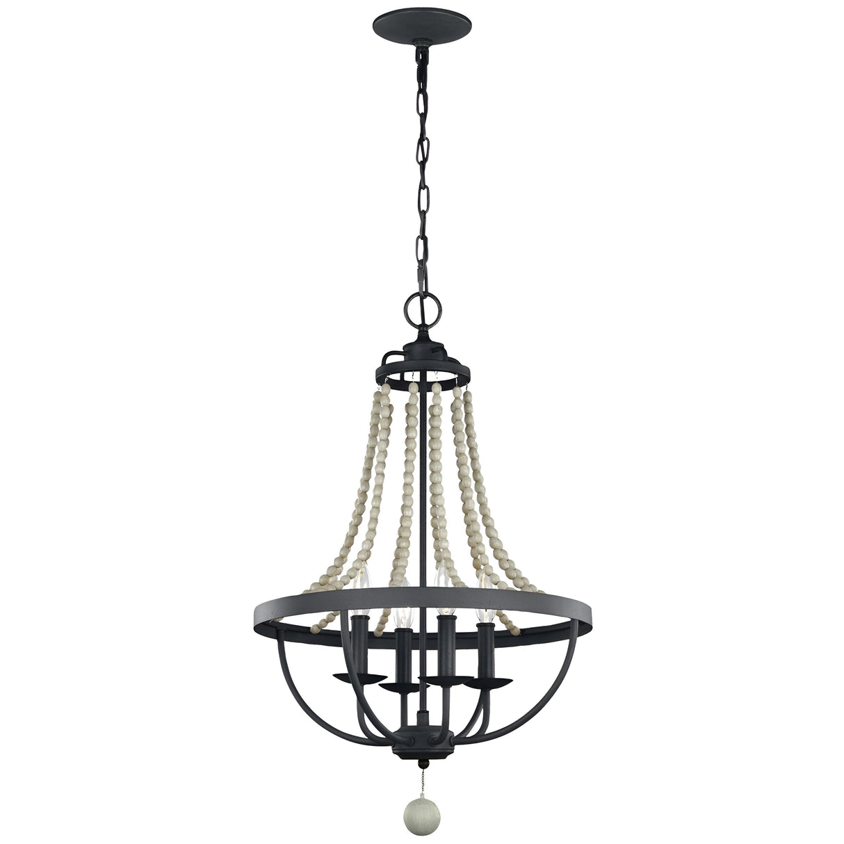 The Nori 4 Light Chandelier in Dark Weathered Zinc with Driftwood Grey is a captivating piece. Its black metal frame and draped white beads enhance its timeless elegance. With four upward-pointing lights and a chain hang, it brings sophistication to any space.